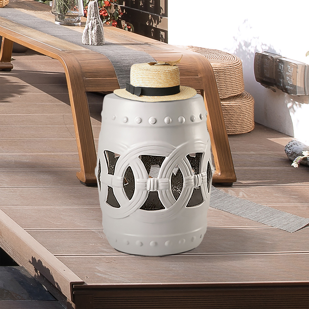 Outdoor Multifunctional Ceramic Stool for Garden, Terrace, Deck, Backyard - White