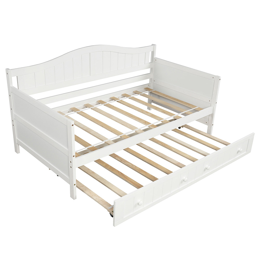 Twin-Size Wooden Platform Daybed Frame with Trundle Bed and Wooden Slats Support - White