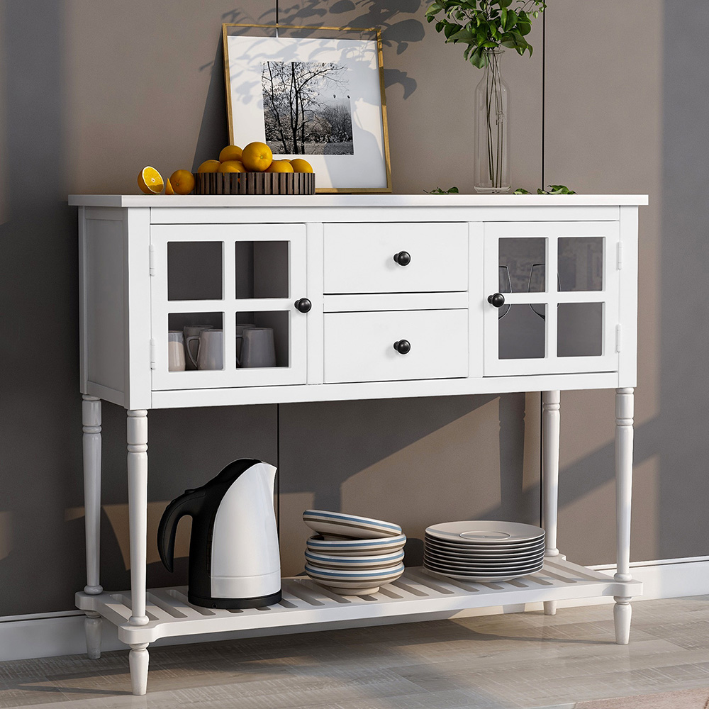 TREXM 42'' Console Table with 2 Storage Drawers, 2 Cabinets, and Bottom Shelf, for Entrance, Hallway, Dining Room, Kitchen - White