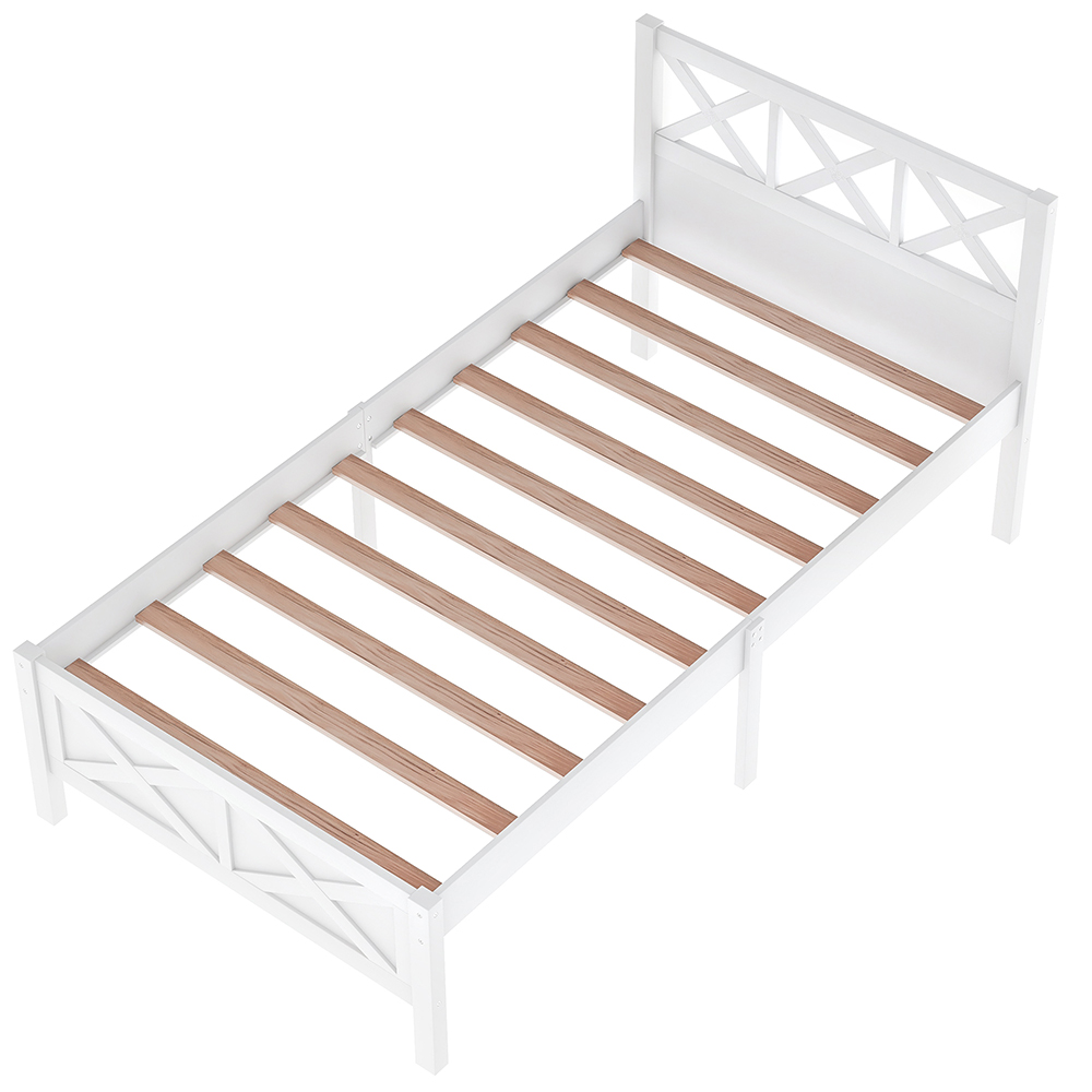 Twin Size Wooden Platform Bed Frame with High Legs and Wooden Slats - White