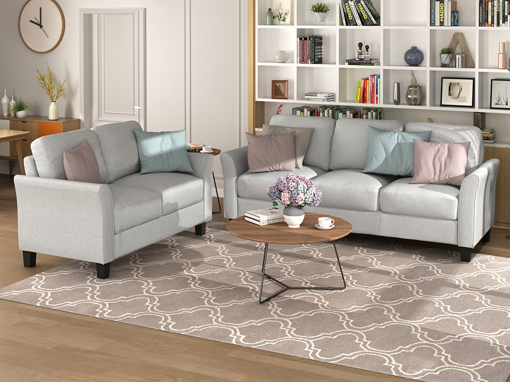 2+3-Seat Linen Fabric Upholstered Sofa Set, with Pillows and Wooden Feet, for Living Room, Bedroom, Office, Apartment - Light Gray