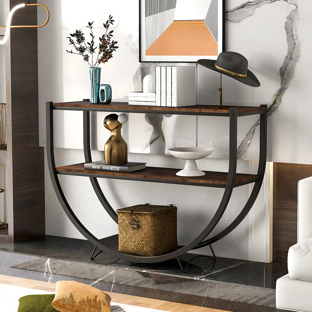 TREXM 48" Rustic Industrial Style Semicircle Console Table with MDF Tabletop and Metal Frame, for Entrance, Hallway, Dining Room, Kitchen - Dark Brown