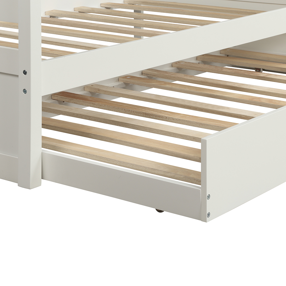 Twin Size Wooden Daybed with Trundle Bed and Wooden Slats Support, No Need for Spring Box, for Living Room, Bedroom, Office, Apartment - White