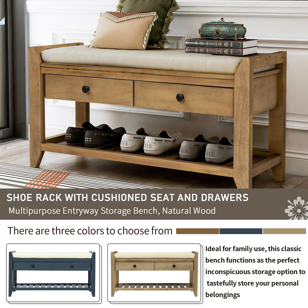 TREXM 39'' Console Bench with 2 Storage Drawers and Mesh Shoe Shelf, for Entrance Hallway, Dining Room, Bedroom - Old Pine