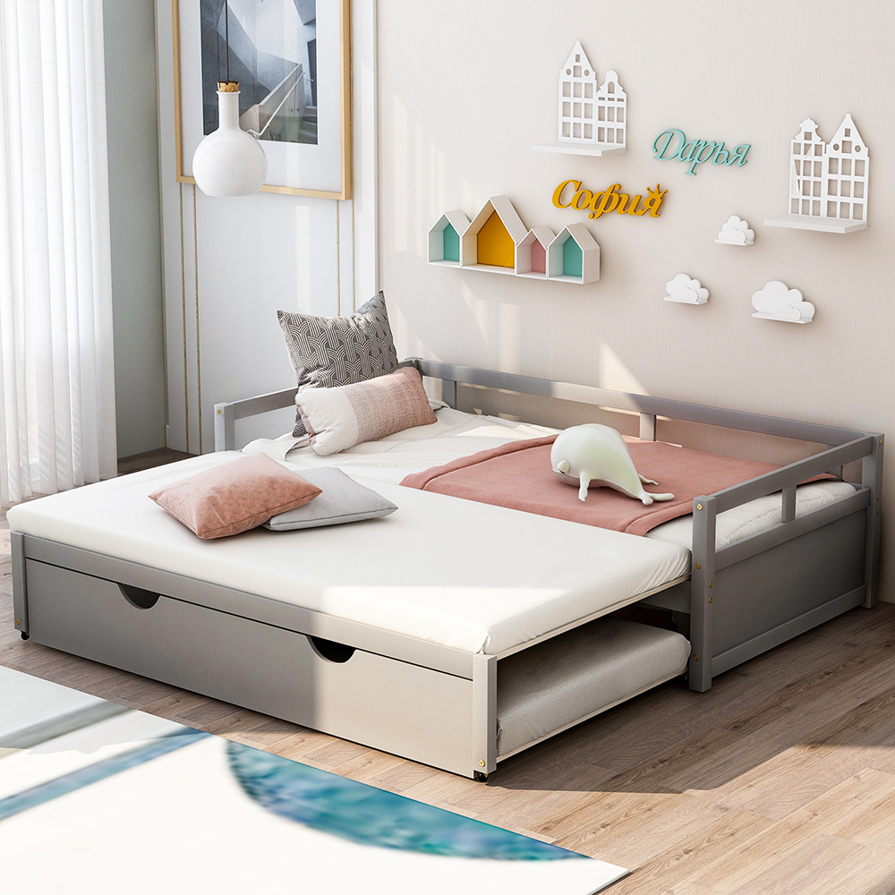 78" Twin Size Wooden Daybed with Trundle Bed and Wooden Slats Support, No Need for Spring Box, for Living Room, Bedroom, Office, Apartment - Gray