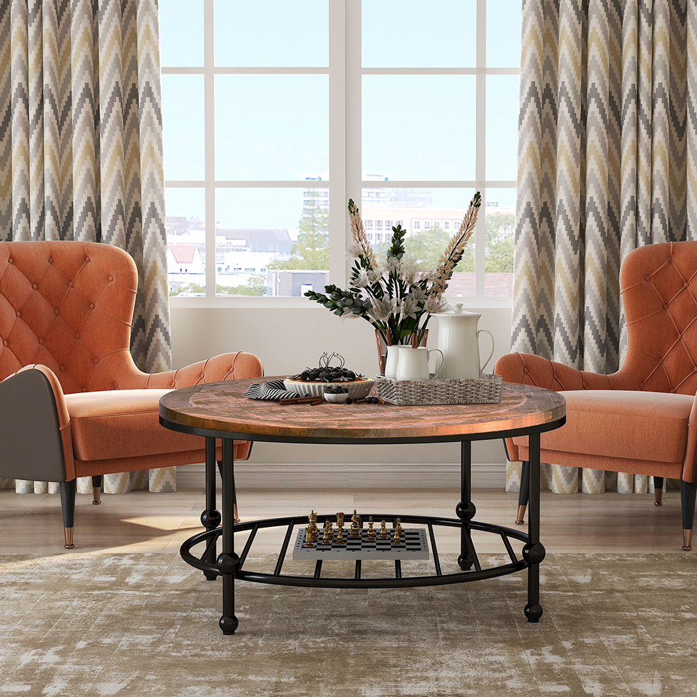 TREXM 35" Round Rustic Natural Coffee Table with Storage Shelf, for Kitchen, Restaurant, Office, Living Room, Cafe - Brown