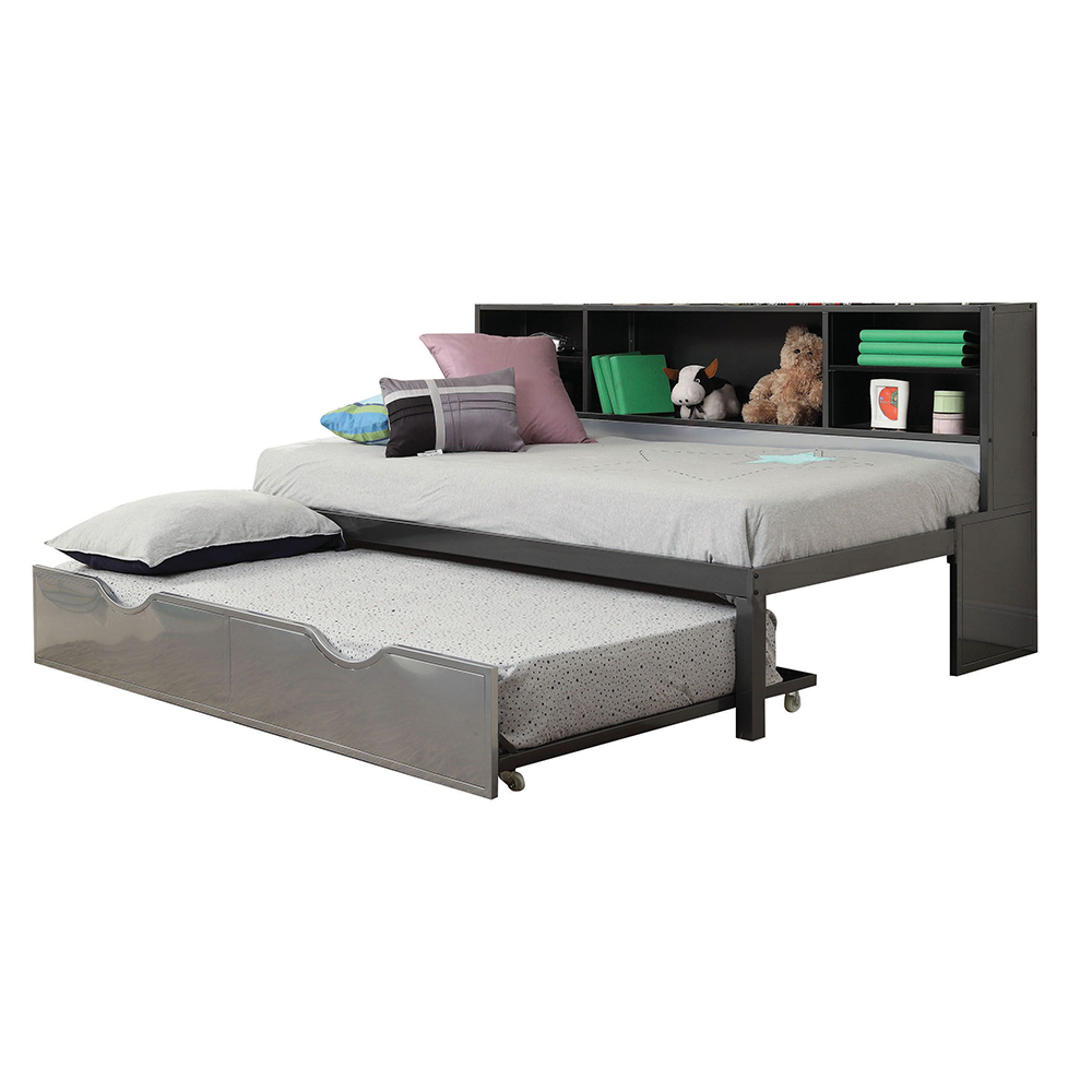ACME Twin Size Daybed Frame with Trundle Bed and Storage Shelves, No Need for Spring Box, for Living Room, Bedroom, Office, Apartment - Black + Silver