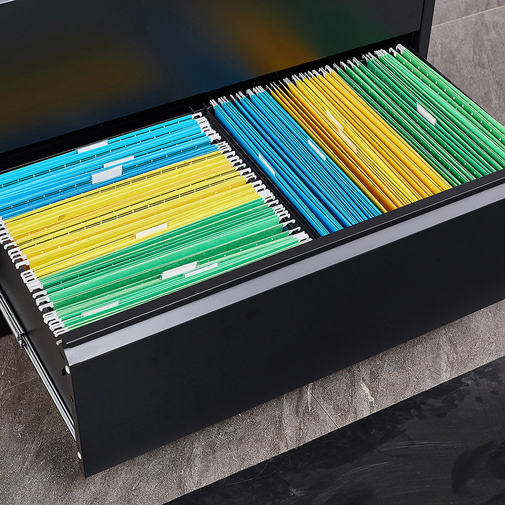 Home Office Lateral Metal Lockable File Cabinet with 3 Storage Drawers, for A4, Letter Sized and Legal Sized Hanging Documents - Black
