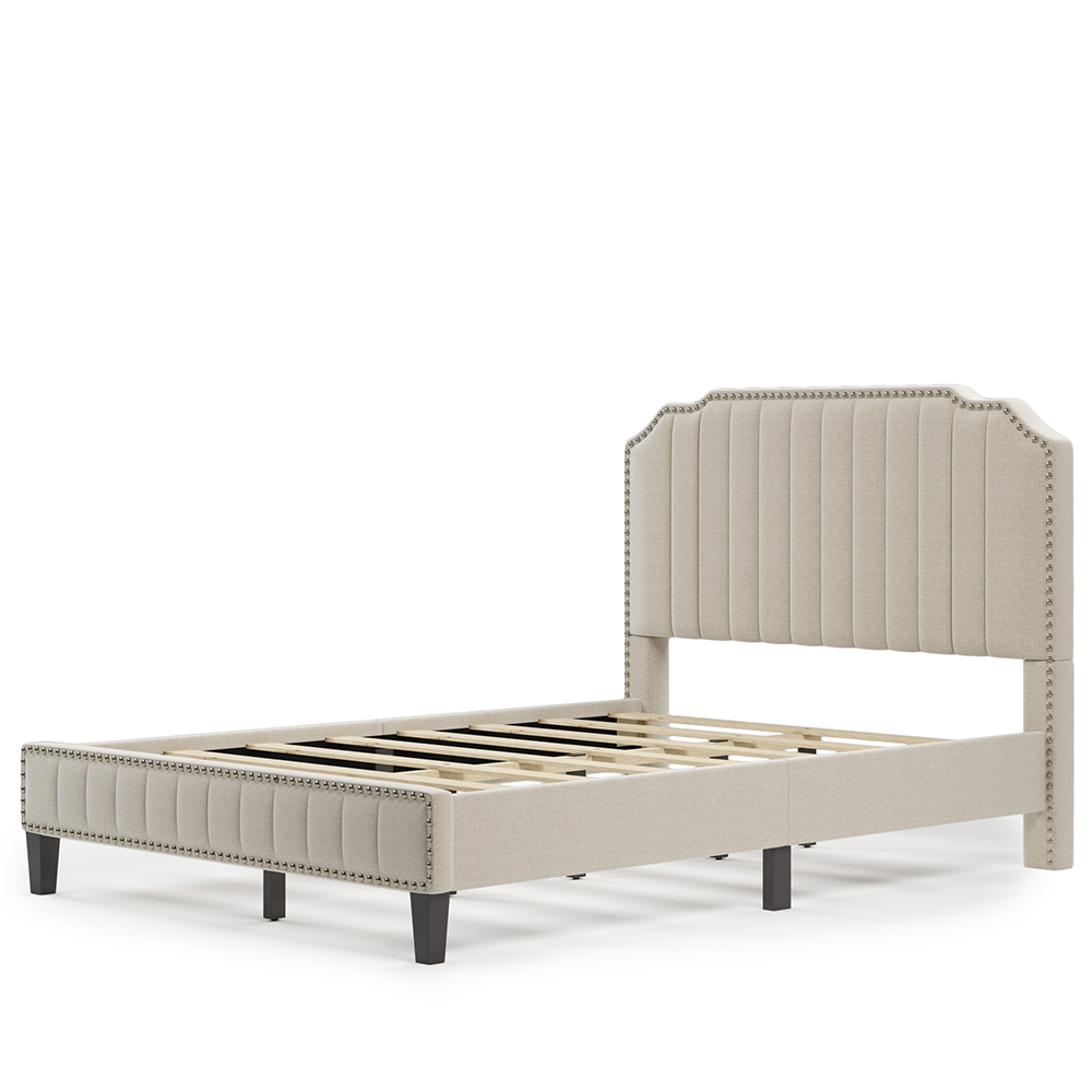 Full Size Solid Wooden Upholstered Bed Frame with Linen Headboard and Nailhead Trim - Cream