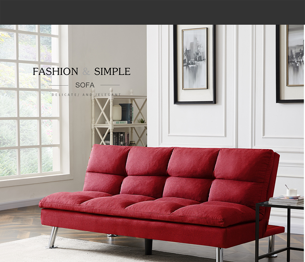 Twin Size Polyester Upholstered Sofa Bed Solid Wood Frame with Adjusting Backrest and Metal Legs for Office, Living Room, Guest Room, Apartment - Red