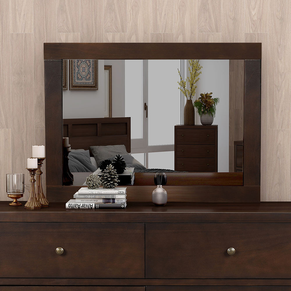 6 Pieces Wooden Bedroom Set, Including Queen Size Bed, 2 Nightstand, Dresser, 5 Drawers Chest and Mirror - Brown