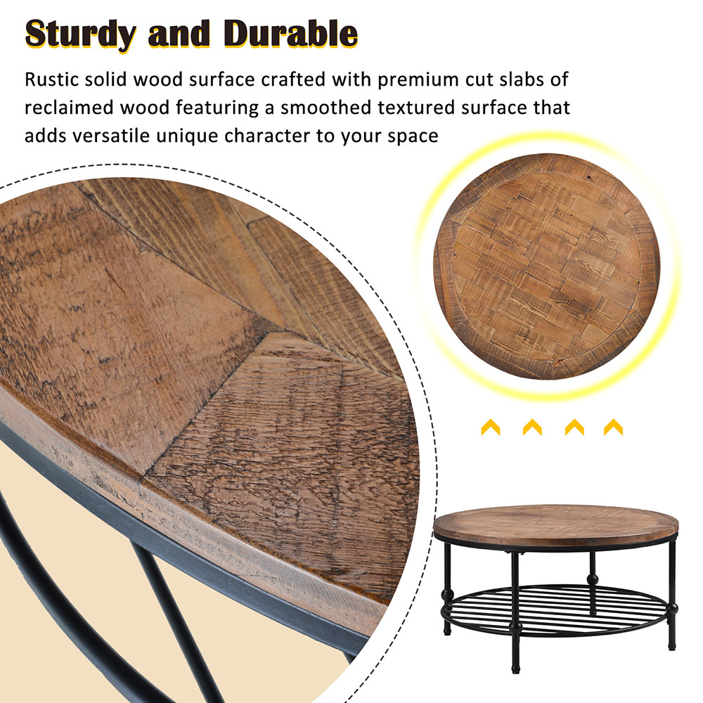 TREXM 35" Round Rustic Natural Coffee Table with Storage Shelf, for Kitchen, Restaurant, Office, Living Room, Cafe - Brown