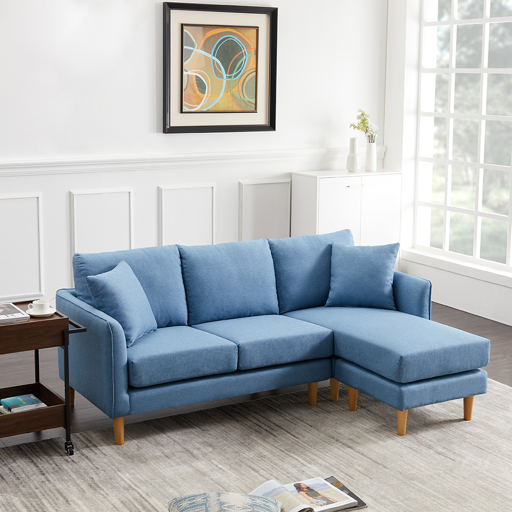 Polyester Fabric L-shaped Corner Sofa with 2 Pillows and Ottoman for Living Room, Bedroom, Office, Apartment - Blue