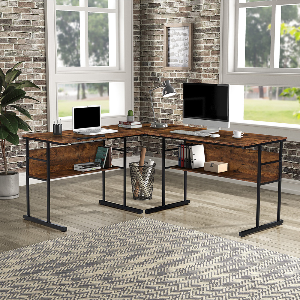 Home Office 67" L-Shaped Computer Desk with Tiltable Tabletop and Bottom Bookshelf - Tiger