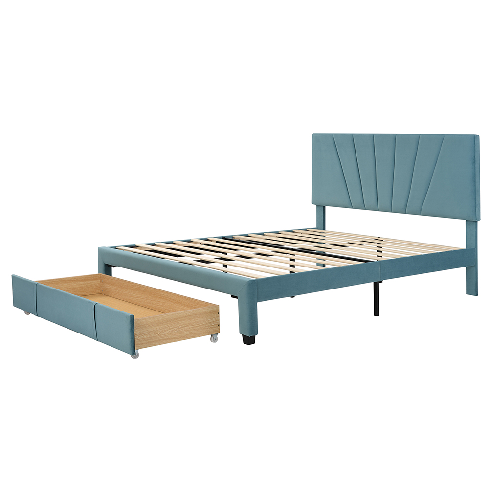 Queen-Size Velvet Upholstered Platform Bed Frame with Storage Drawer and Wooden Slat Support - Blue