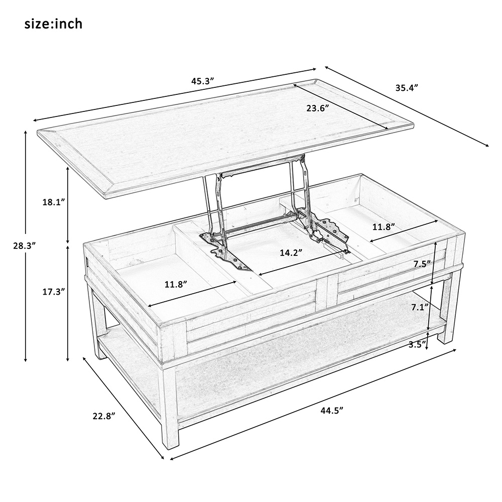 U-Style Rectangle Lift Top Coffee Table with Inner Storage Space and Shelf, for Kitchen, Restaurant, Office, Living Room, Cafe - Brown