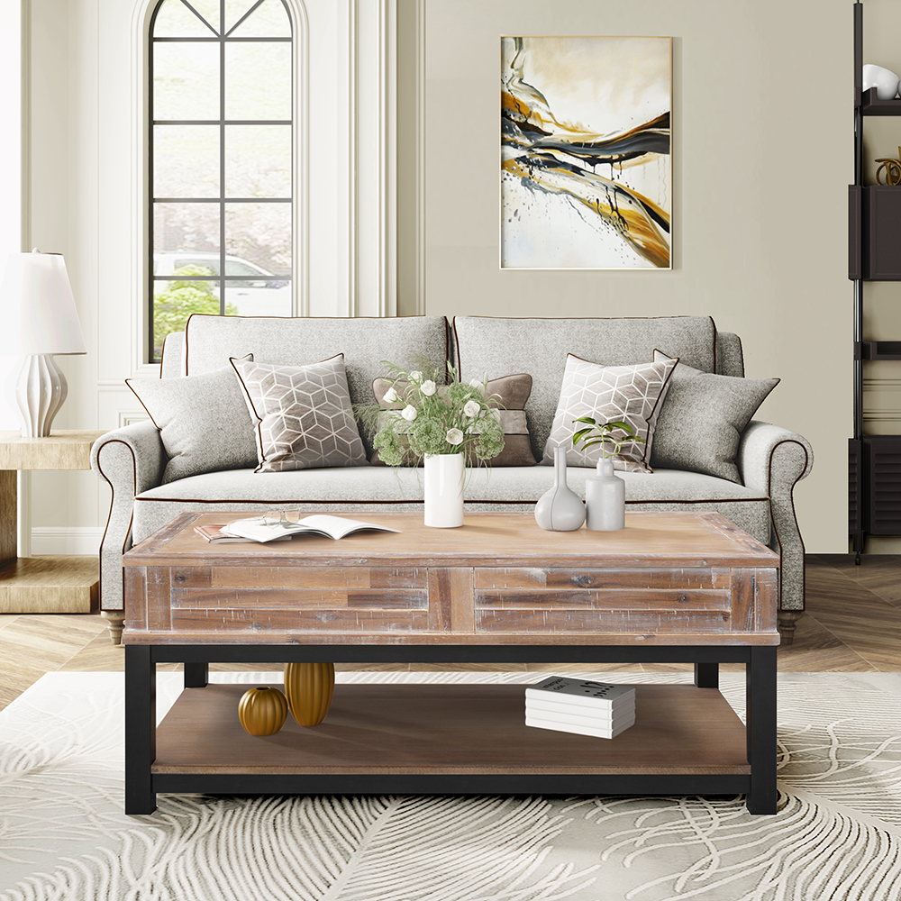 U-Style Rectangle Lift Top Coffee Table with Inner Storage Space and Shelf, for Kitchen, Restaurant, Office, Living Room, Cafe - Brown