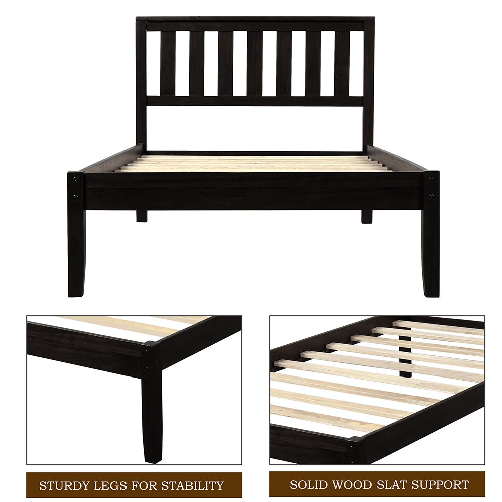 Twin-Size Wooden Platform Bed Frame with Headboard and Wooden Slat Support - Espresso