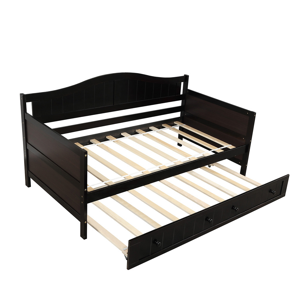 Twin-Size Wooden Platform Daybed Frame with Trundle Bed and Wooden Slats Support - Espresso