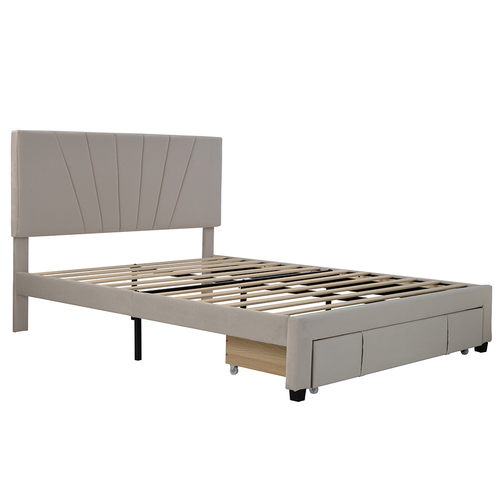 Queen-Size Velvet Upholstered Platform Bed Frame with Storage Drawer and Wooden Slat Support - Beige