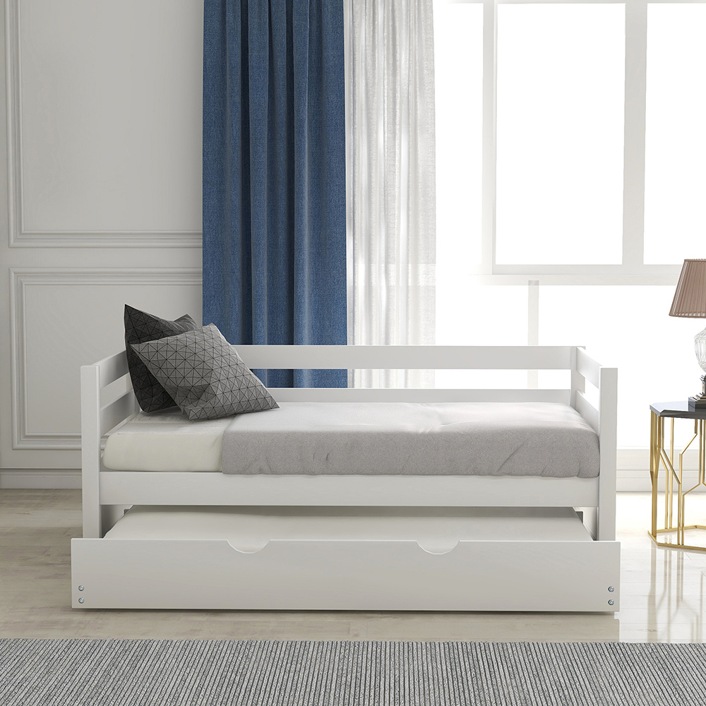 Twin Size Wooden Daybed with Trundle Bed and Wooden Slats Support, No Need for Spring Box, for Living Room, Bedroom, Office, Apartment - White