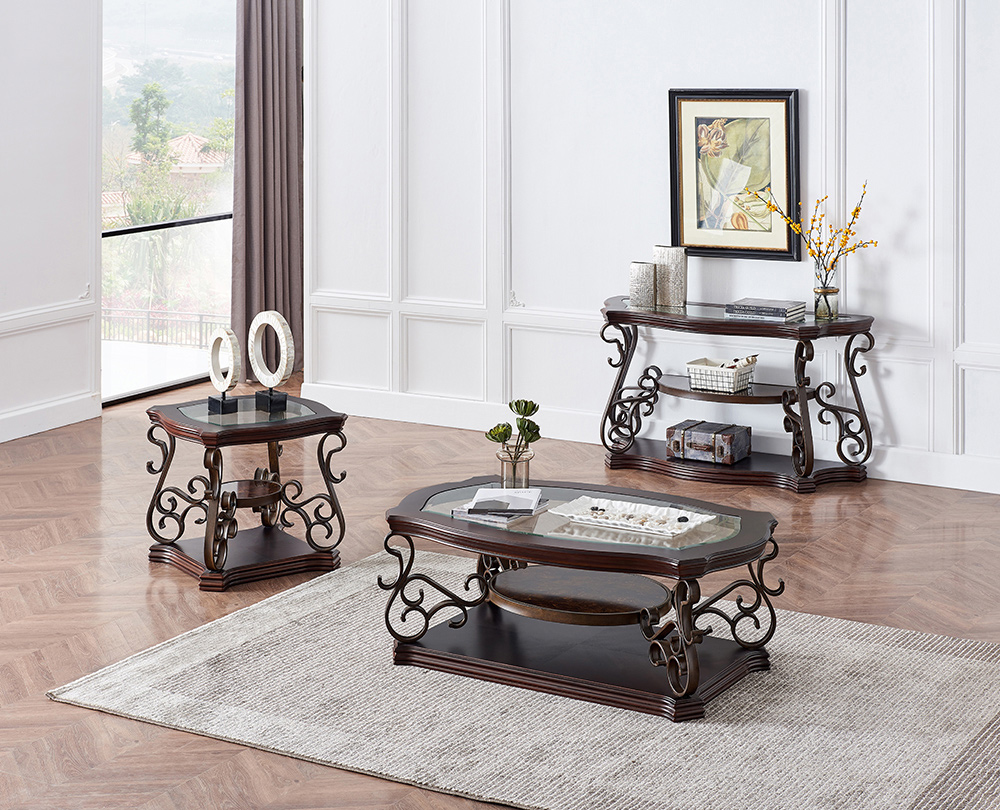 26.3" Glass End Table with Middle Shelf, and Metal Legs, for Kitchen, Restaurant, Office, Living Room, Cafe - Brown