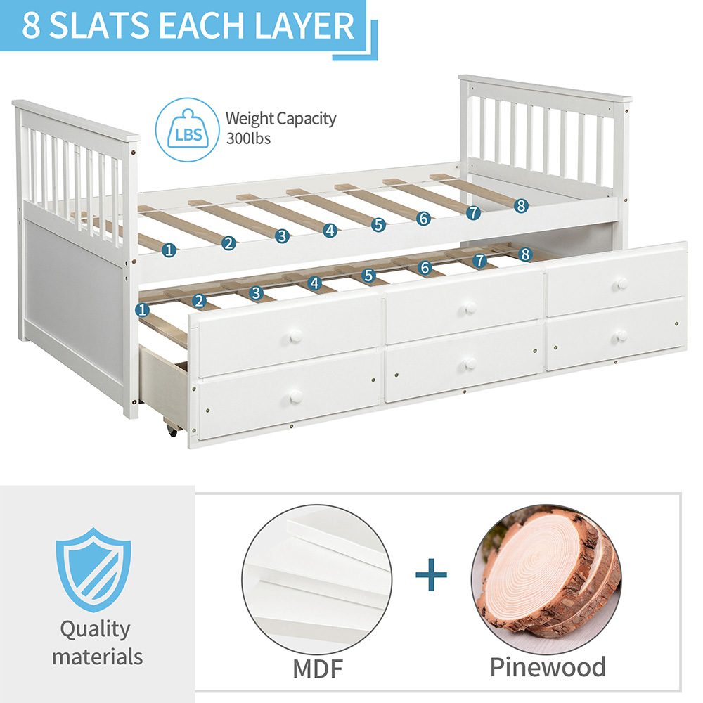 TOPMAX Captain's Twin Size Bed Frame with Trundle Bed and Storage Drawers, for Boys, Girls and Small Rooms - White