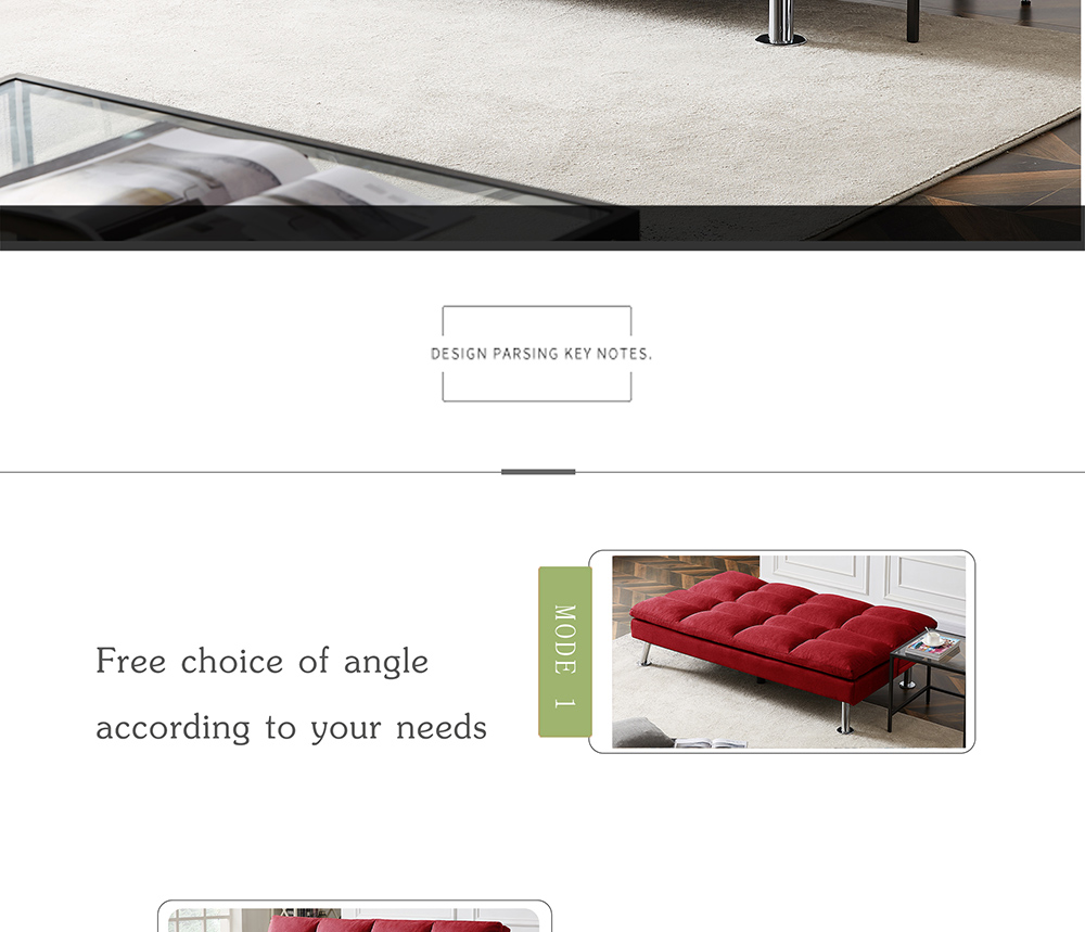 Twin Size Polyester Upholstered Sofa Bed Solid Wood Frame with Adjusting Backrest and Metal Legs for Office, Living Room, Guest Room, Apartment - Red