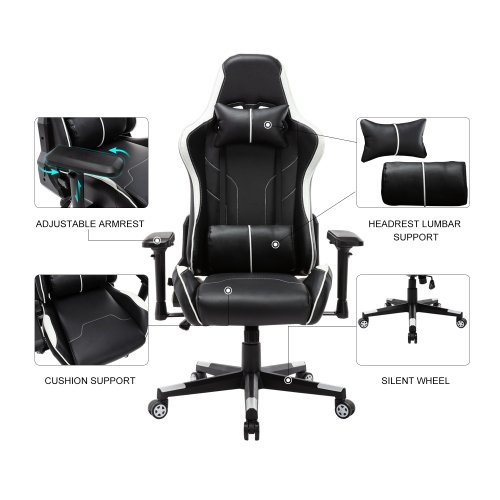 Home Office PU Leather Rotatable Gaming Chair Height Adjustable with Ergonomic Backrest and Casters - Black + White