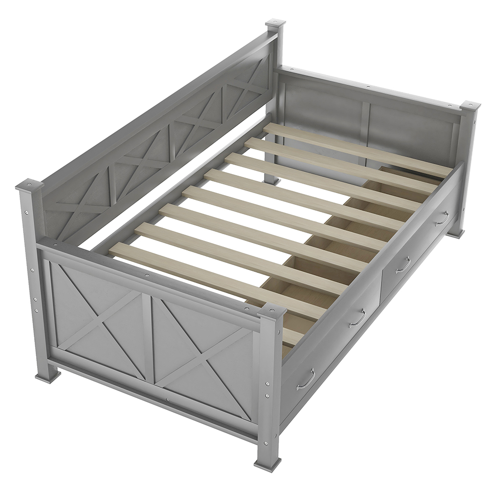 Twin Size Rustic Style Wooden Daybed Frame with 2 Storage Drawers and Wooden Slats Support, No Need for Spring Box, for Living Room, Bedroom, Office, Apartment - Gray