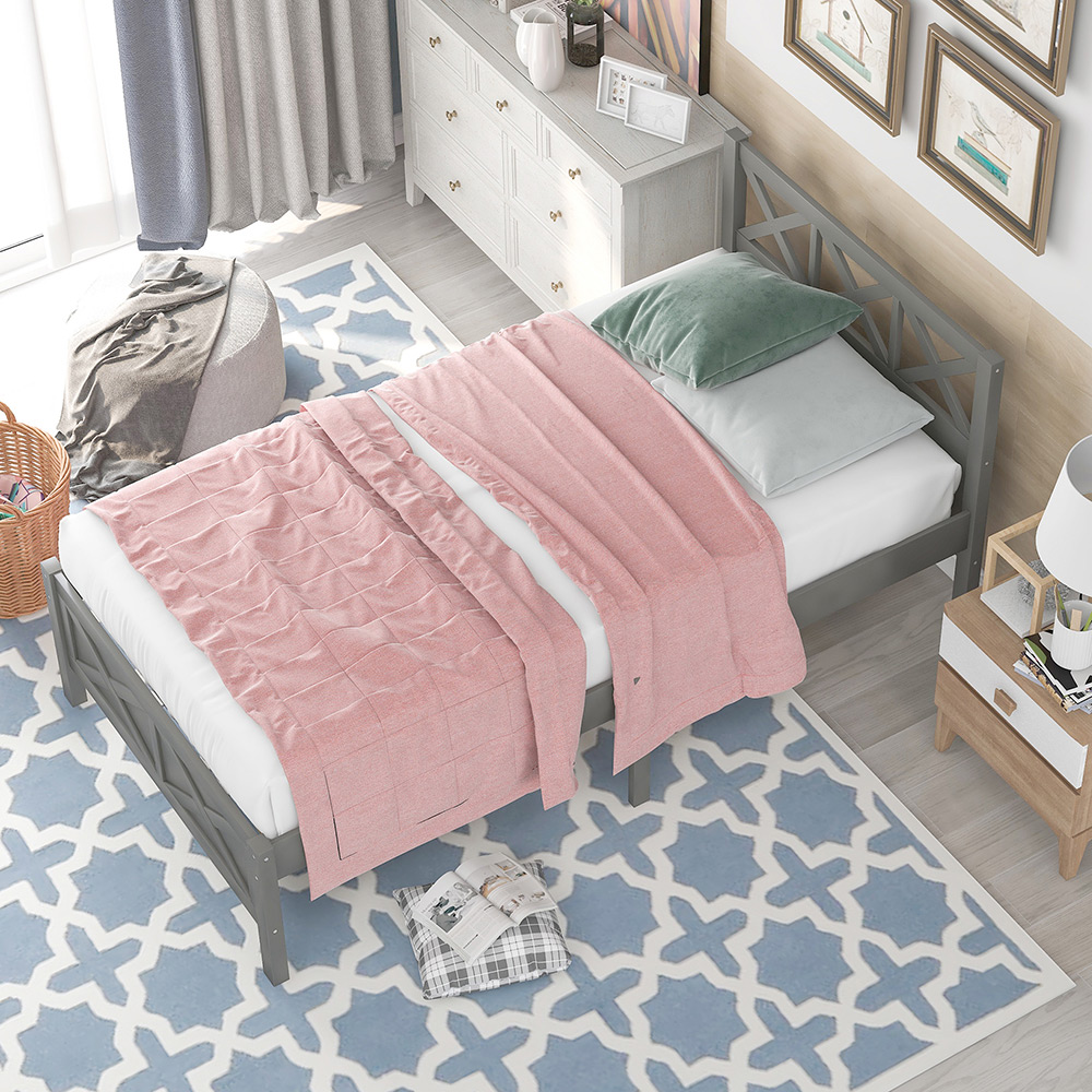 Twin Size Wooden Platform Bed Frame with High Legs and Wooden Slats - Gray