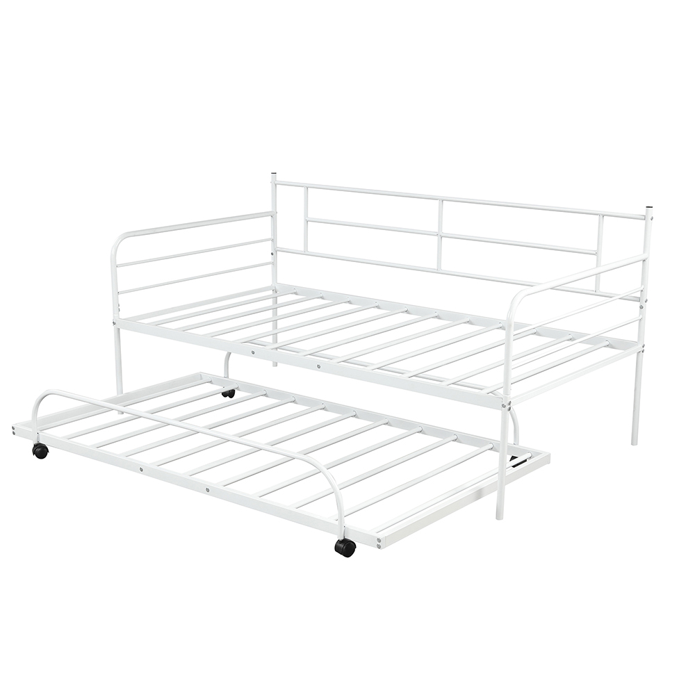Twin Size Metal Daybed Frame with Trundle Bed and Metal Slats Support, No Need for Spring Box, for Living Room, Bedroom, Office, Apartment - White