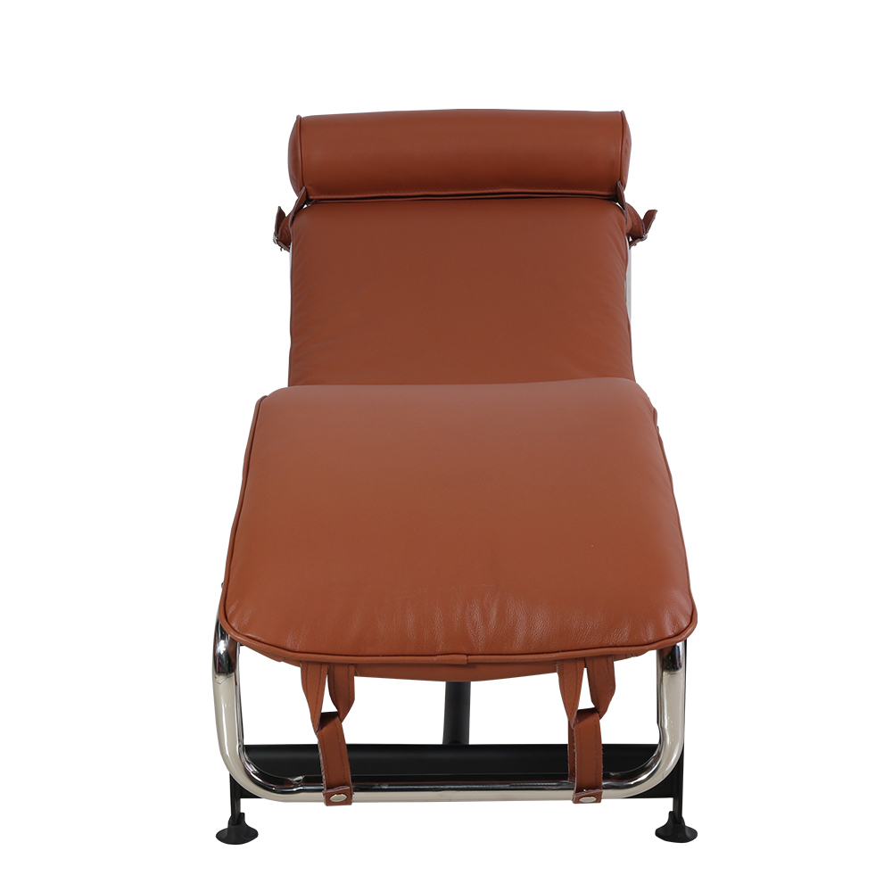 Le Corbusier LC-4 Style Recliner, Stainless Steel Frame with Adjustable Headrest, for Hotel, Club, Villa, Living Room, Lounge - Brown