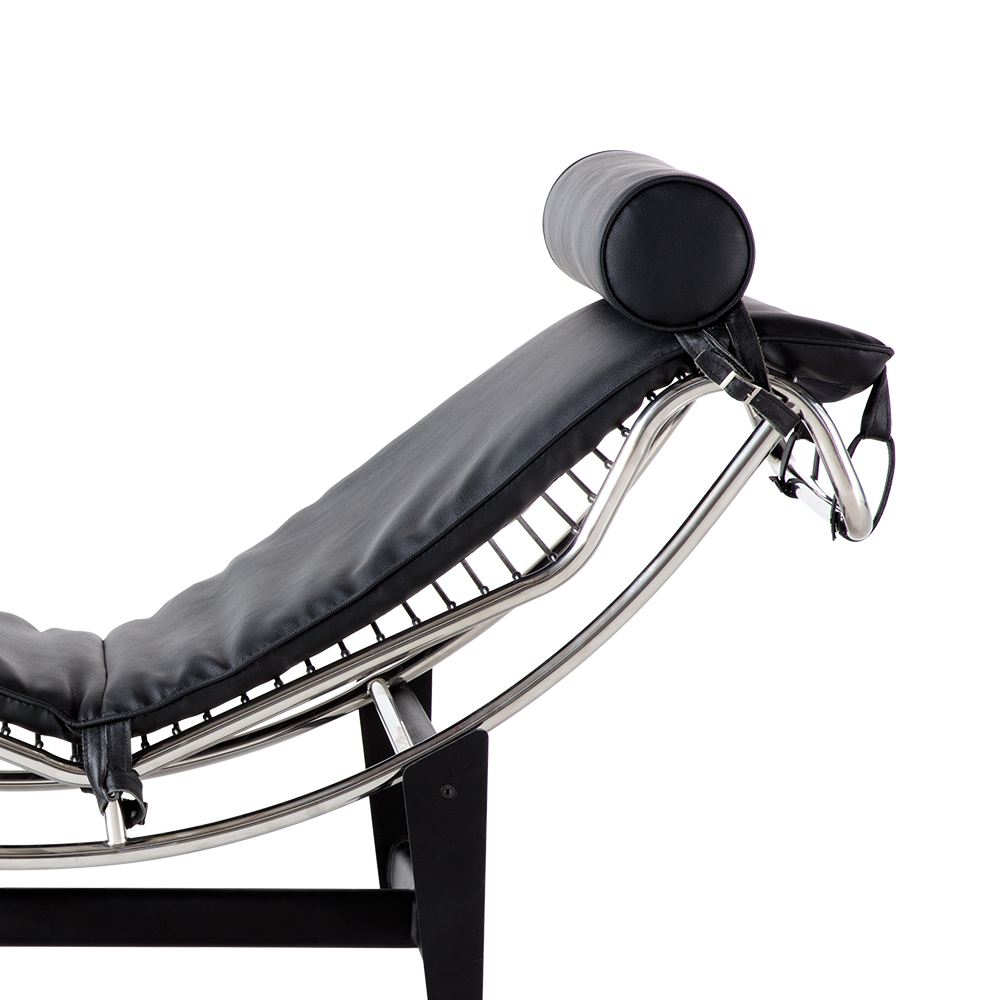 Le Corbusier LC-4 Style Recliner, Stainless Steel Frame with Adjustable Headrest, for Hotel, Club, Villa, Living Room, Lounge - Black
