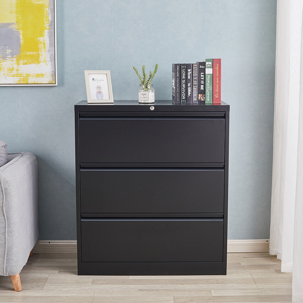 Home Office Lateral Metal Lockable File Cabinet with 3 Storage Drawers, for A4, Letter Sized and Legal Sized Hanging Documents - Black