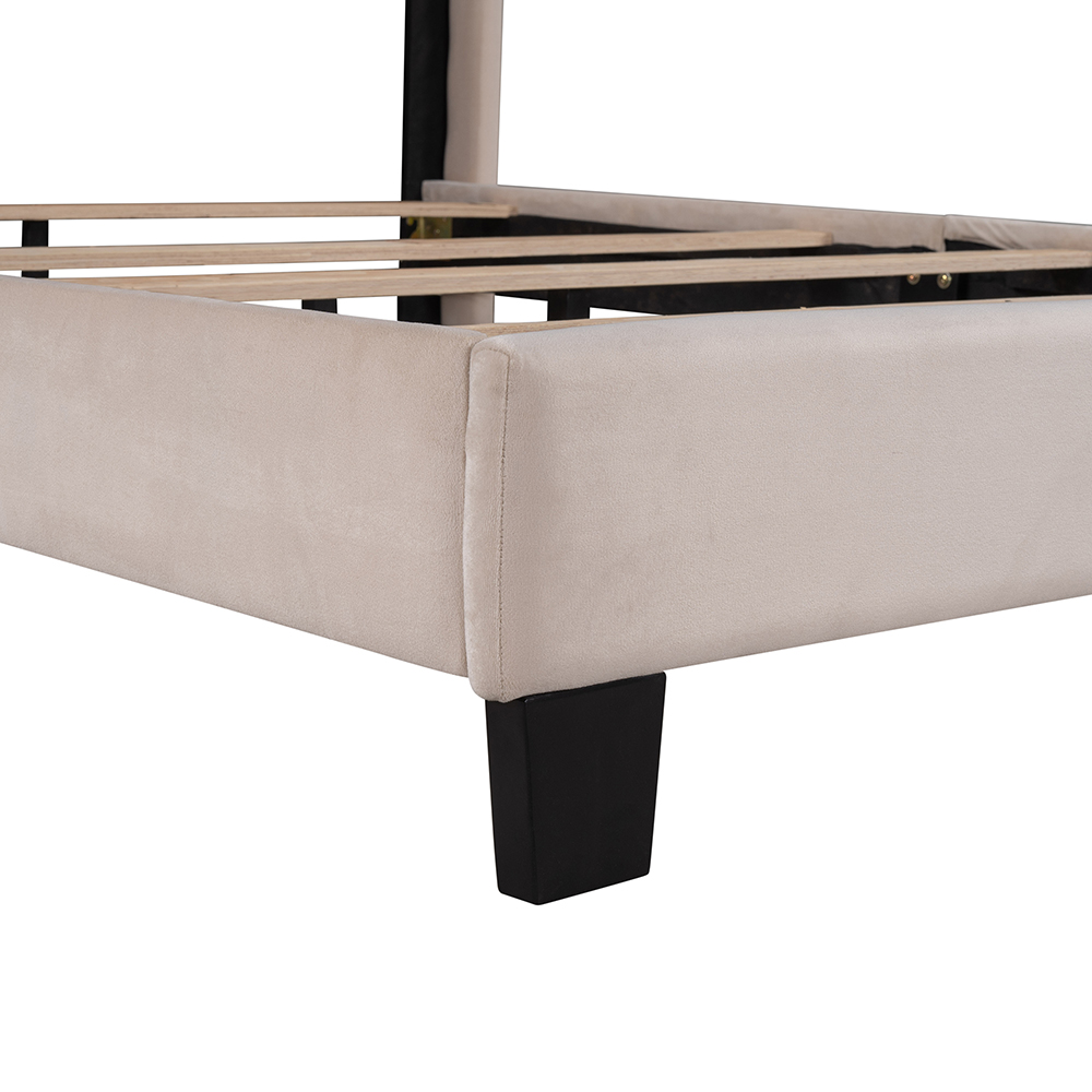 Queen-Size Velvet Upholstered Platform Bed Frame with Headboard and Wooden Slat Support - Beige