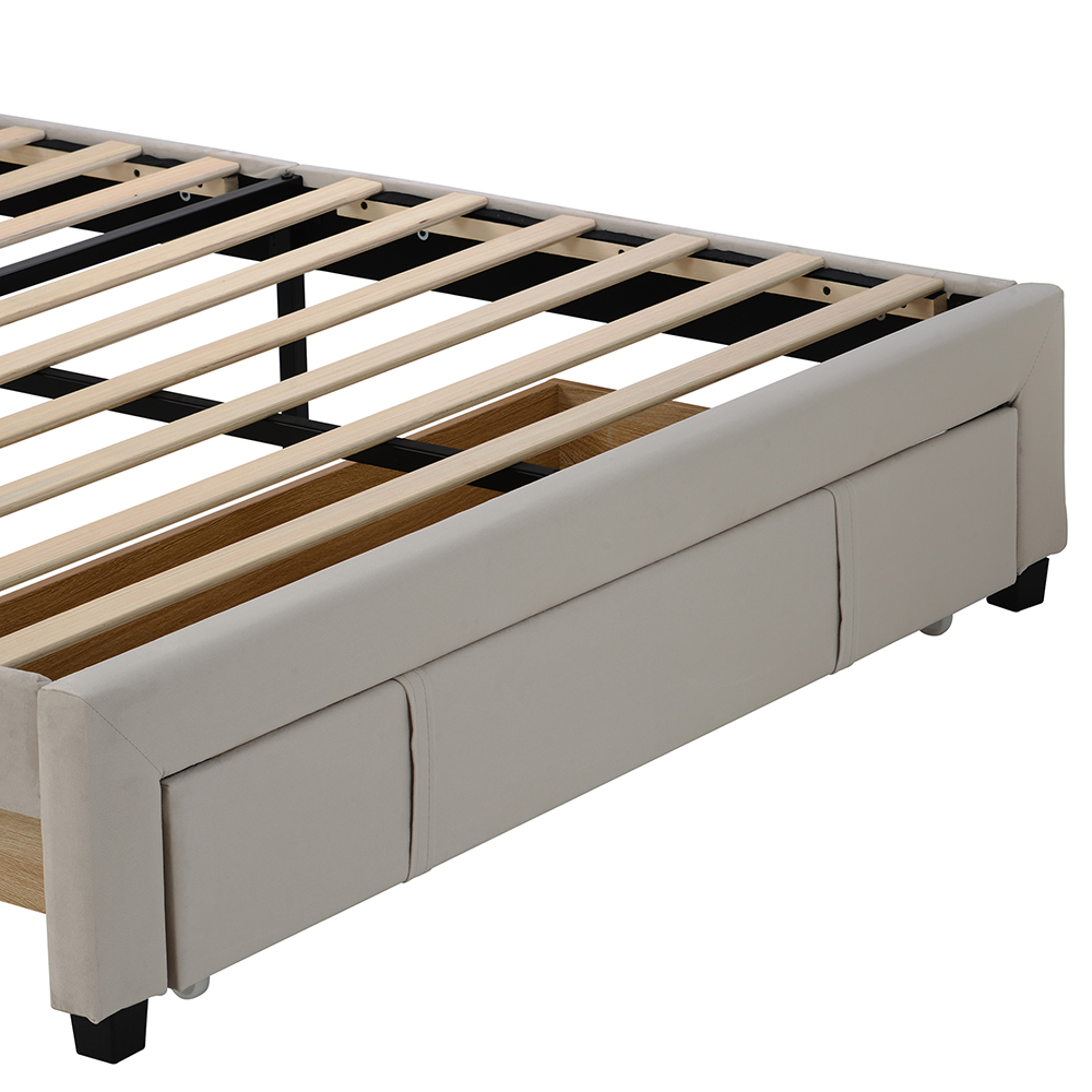 Queen-Size Velvet Upholstered Platform Bed Frame with Storage Drawer and Wooden Slat Support - Beige