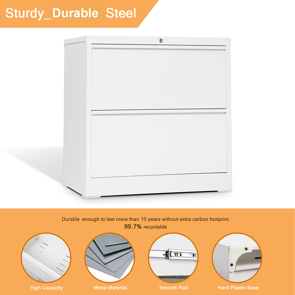 Home Office Lateral Metal Lockable File Cabinet with 2 Storage Drawers, for A4, Letter-Sized and Legal-Sized Hanging Documents - White