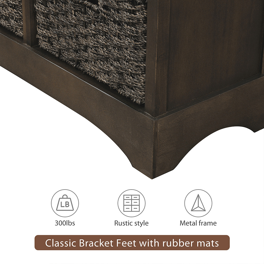 TREXM 28" Rustic Wooden Console Table with 2 Drawers and 4 Storage Rattan Baskets, for Entrance Hallway, Dining Room, Kitchen - Brown