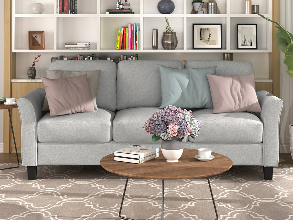 2+3-Seat Linen Fabric Upholstered Sofa Set, with Pillows and Wooden Feet, for Living Room, Bedroom, Office, Apartment - Light Gray