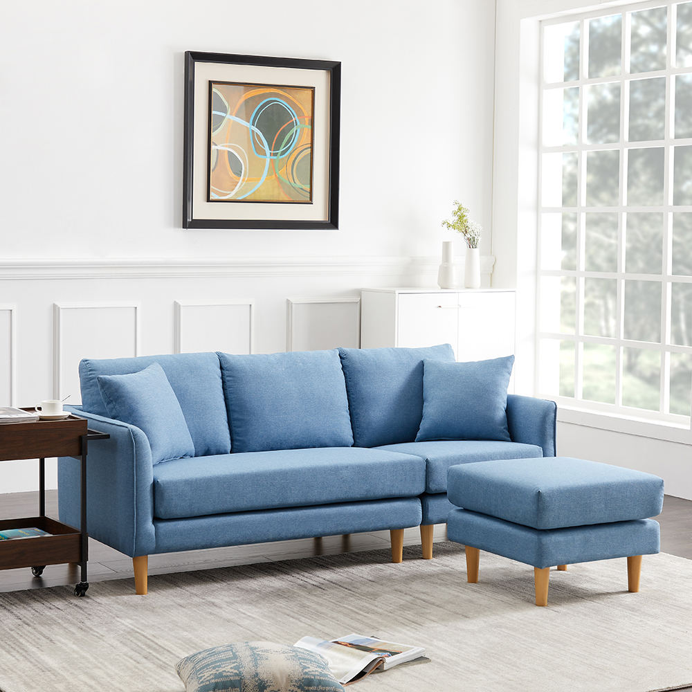 Polyester Fabric L-shaped Corner Sofa with 2 Pillows and Ottoman for Living Room, Bedroom, Office, Apartment - Blue