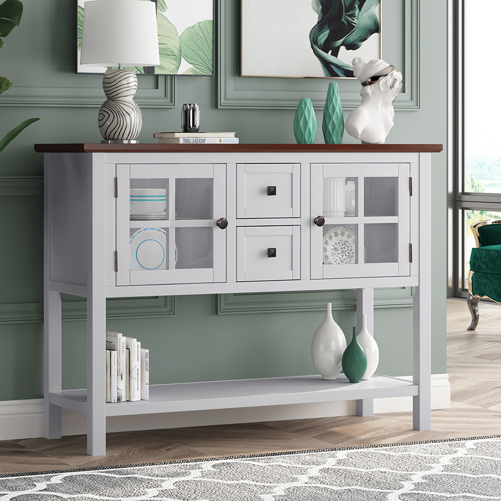 U_STYLE 45'' Modern Console Table with 2 Drawers, 2 Cabinets and 1 Shelf, for Entrance Hallway, Dining Room, Bedroom - White + Brown