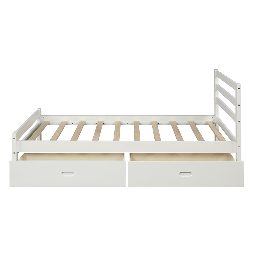 Twin-Size Wooden Platform Bed Frame with 2 Storage Drawers and Wooden Slats Support - White