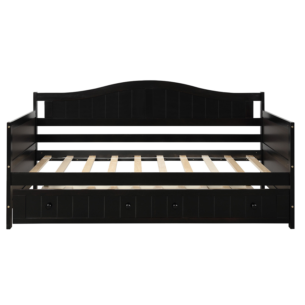 Twin-Size Wooden Platform Daybed Frame with Trundle Bed and Wooden Slats Support - Espresso