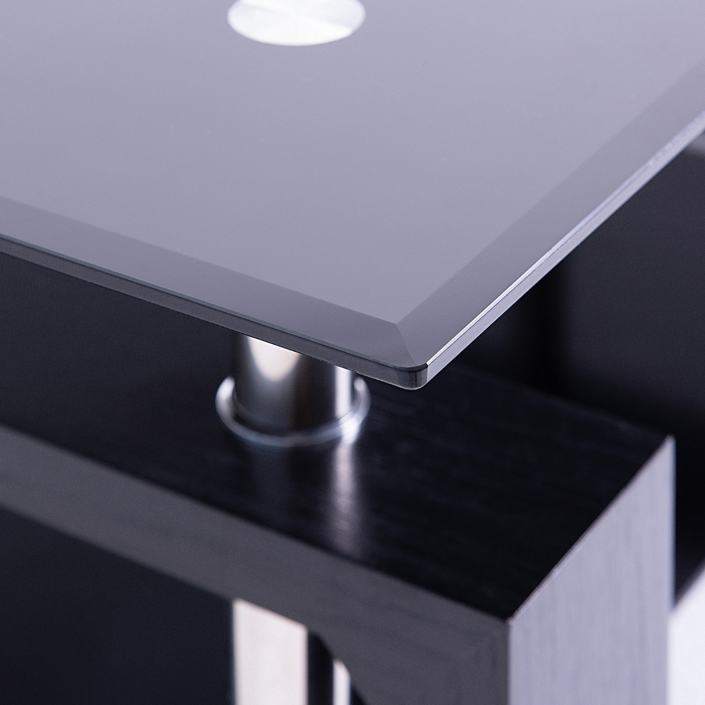 43" Glass Coffee Table with Wooden Legs and Open Shelf, for Kitchen, Restaurant, Office, Living Room, Cafe - Black