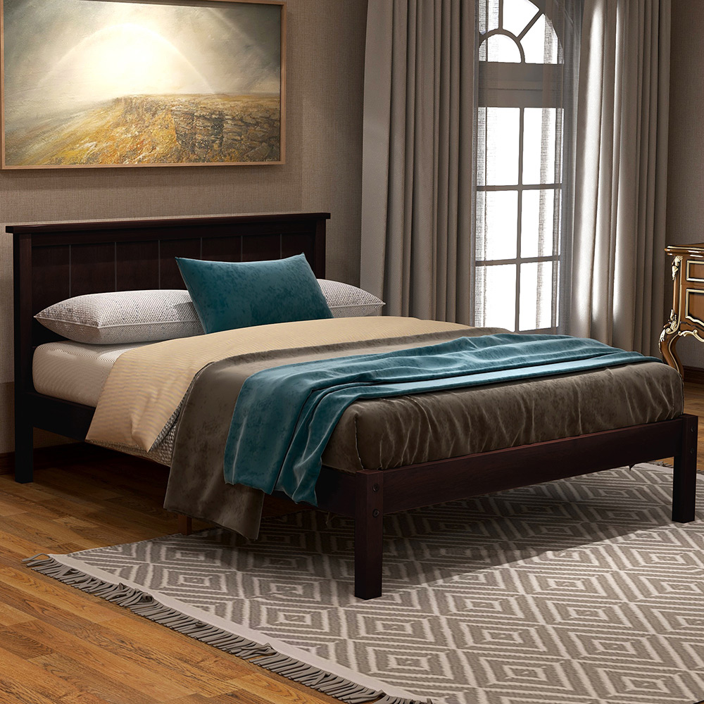 Twin-Size Wooden Platform Bed Frame with Headboard and Wooden Slats Support - Espresso