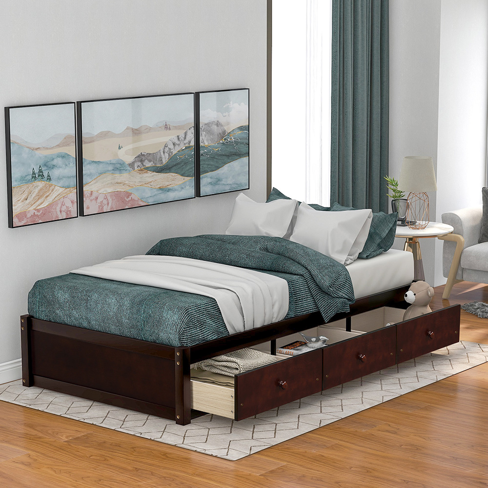 Orisfur Twin Size Wooden Platform Bed Frame with 3 Storage Drawers, and Wooden Slats Support, No Spring Box Required (Frame Only) - Cherry