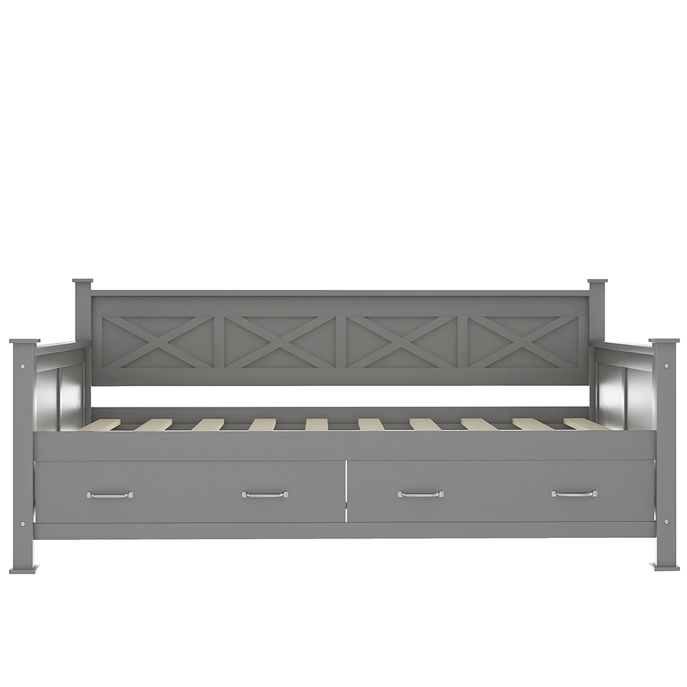 Twin Size Rustic Style Wooden Daybed Frame with 2 Storage Drawers and Wooden Slats Support, No Need for Spring Box, for Living Room, Bedroom, Office, Apartment - Gray