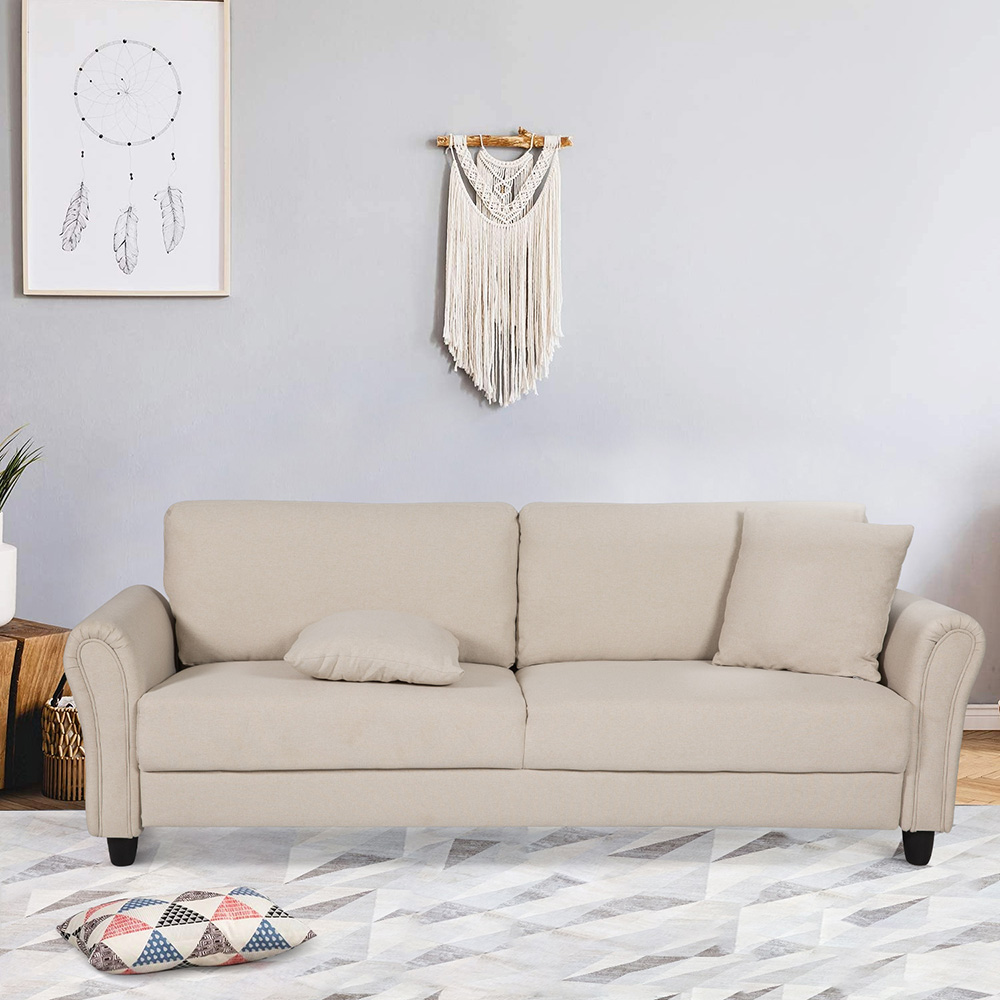 3-Seat Microfiber Upholstered Sofa, with Integrated Seat Cushion and Solid Wood Frame, for Living Room, Bedroom, Office, Apartment - Beige