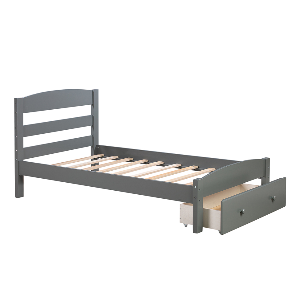 Twin Size Wooden Platform Bed Frame with Storage Drawer, and Wooden Slats Support, No Spring Box Required (Frame Only) - Gray
